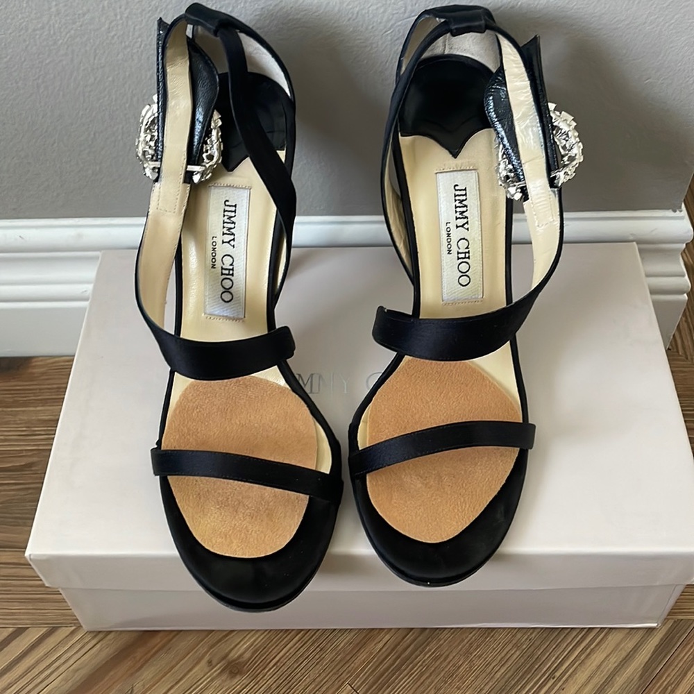Jimmy Choo evening shoe in black satin with Rhinestone clasp